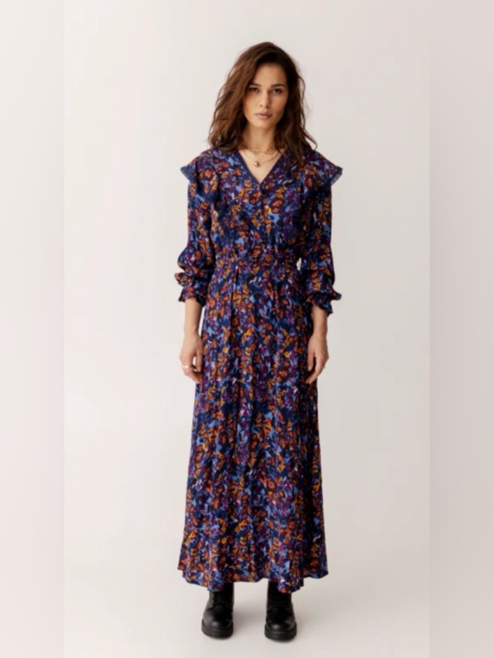 ATELIER REVE irlea dress Long Blue Floral V-Neck Maxi Dress NWT